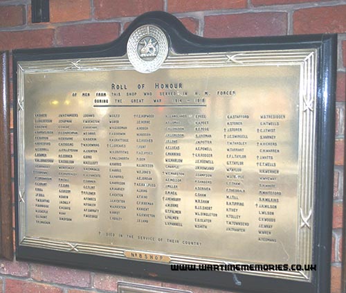 No. 8 Shop Memorial Plaque. This plaque lists all the men from No. 8 Shop who fought in WW1. Jack Wattsâ€™ name is 7th down in the right-hand column. The names with a little cross at the side are the ones who were killed. I can remember seeing this plaque when I worked in No. 8 shop. Later, when the